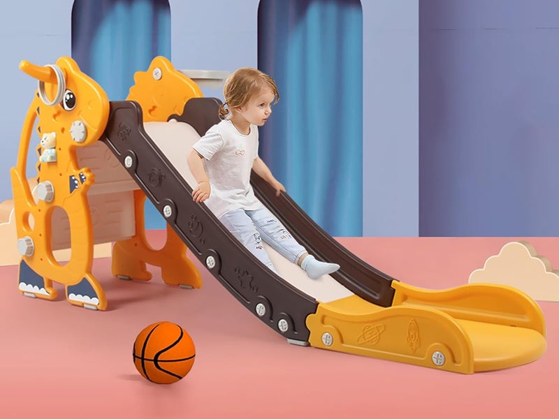 Sephyroth Kids Slide for Toddler - 4 in 1 Indoor Plastic Freestanding Slide for Toddler Outdoor Playground Climber Slide Playset with Basketball Hoop & Ring Game (Dinosaur Yellow) - Image 1
